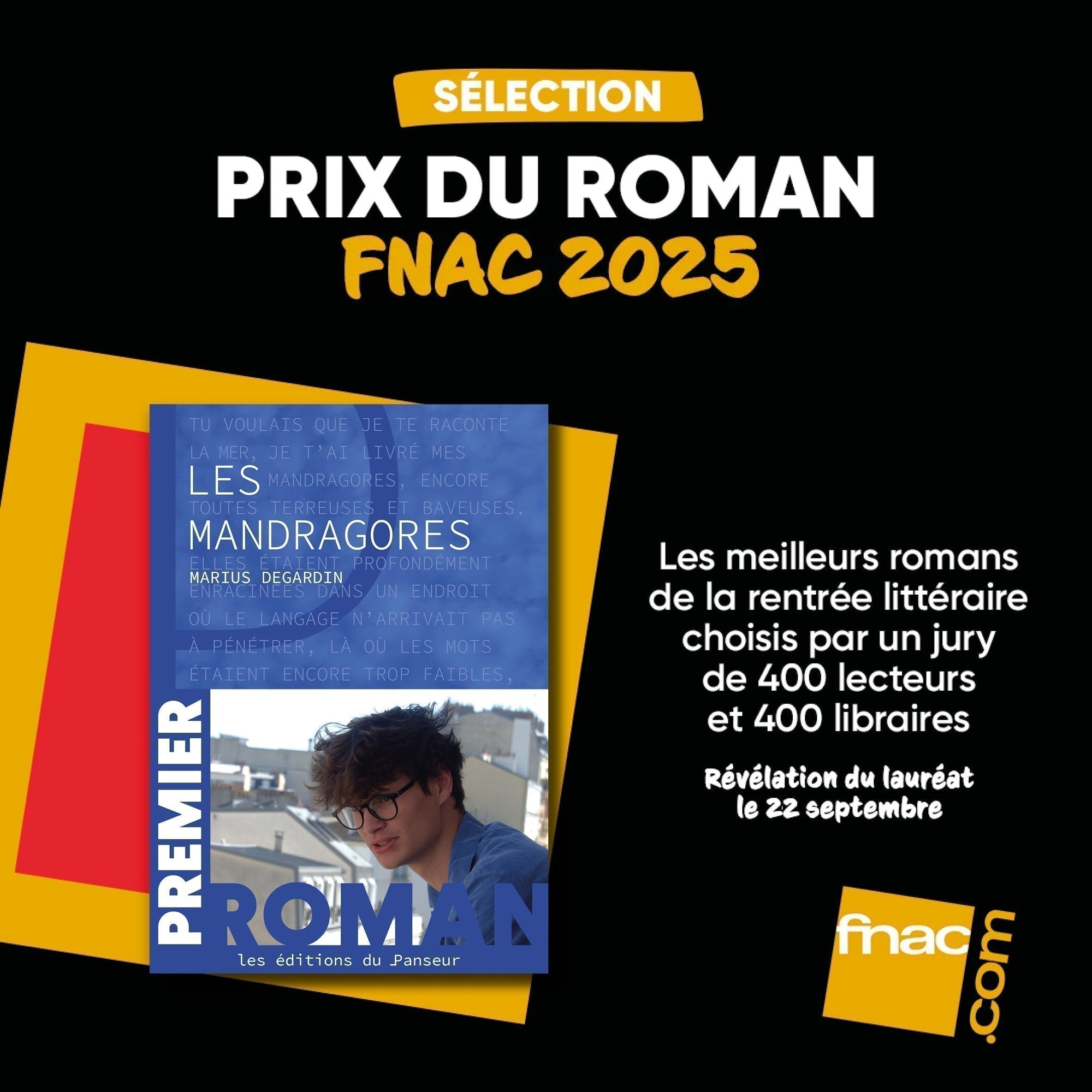 Sélection Prix du roman FNAC 2025 - Les Mandragores - Marius Degardin - Premier roman - Les meilleurs romans de la rentrée littéraire choisis par un jury de 400 lecteurs et 400 libraires - Révélation du lauréat le 22 septembre fnac.com