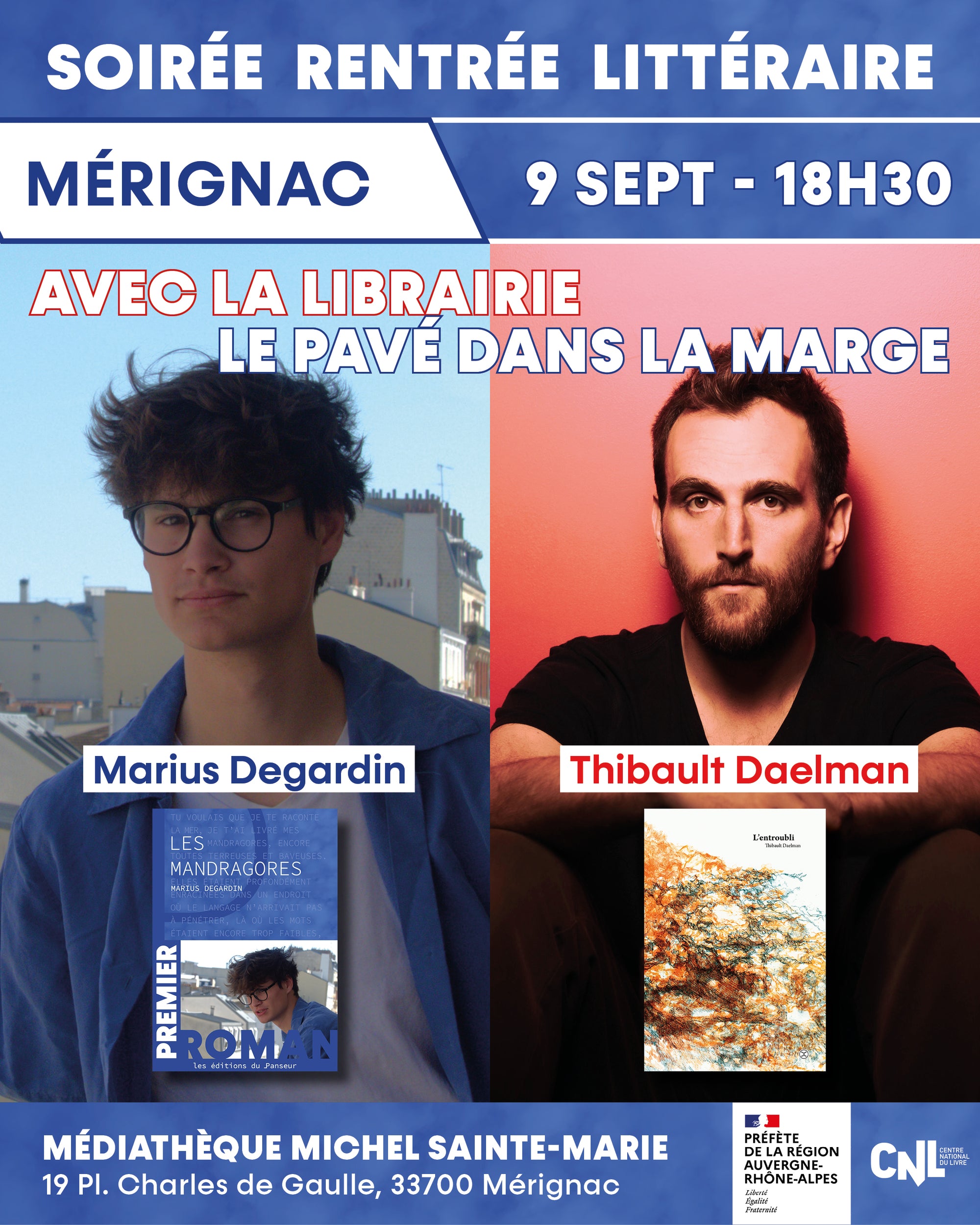 Rencontre Marius Degardin Les Mandragores Thibault Daelman L'entroubli librairie Le pavé dans la marge médiathèque Miche Sainte-Marie Mérignac
